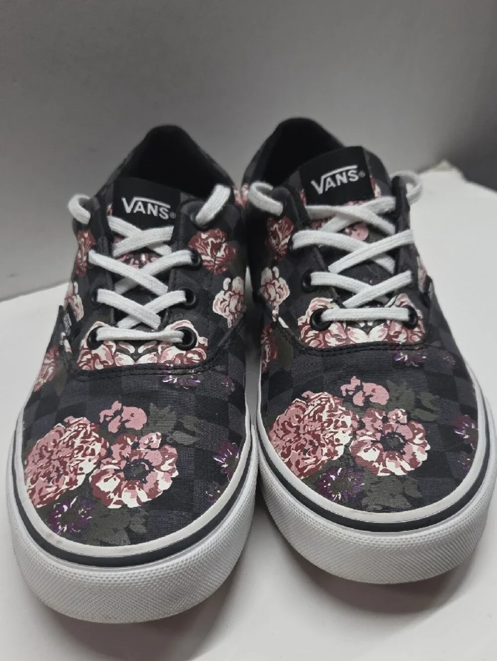 Vans Women's Black Checkerboard Low-Top Sneakers with Pink Floral Print